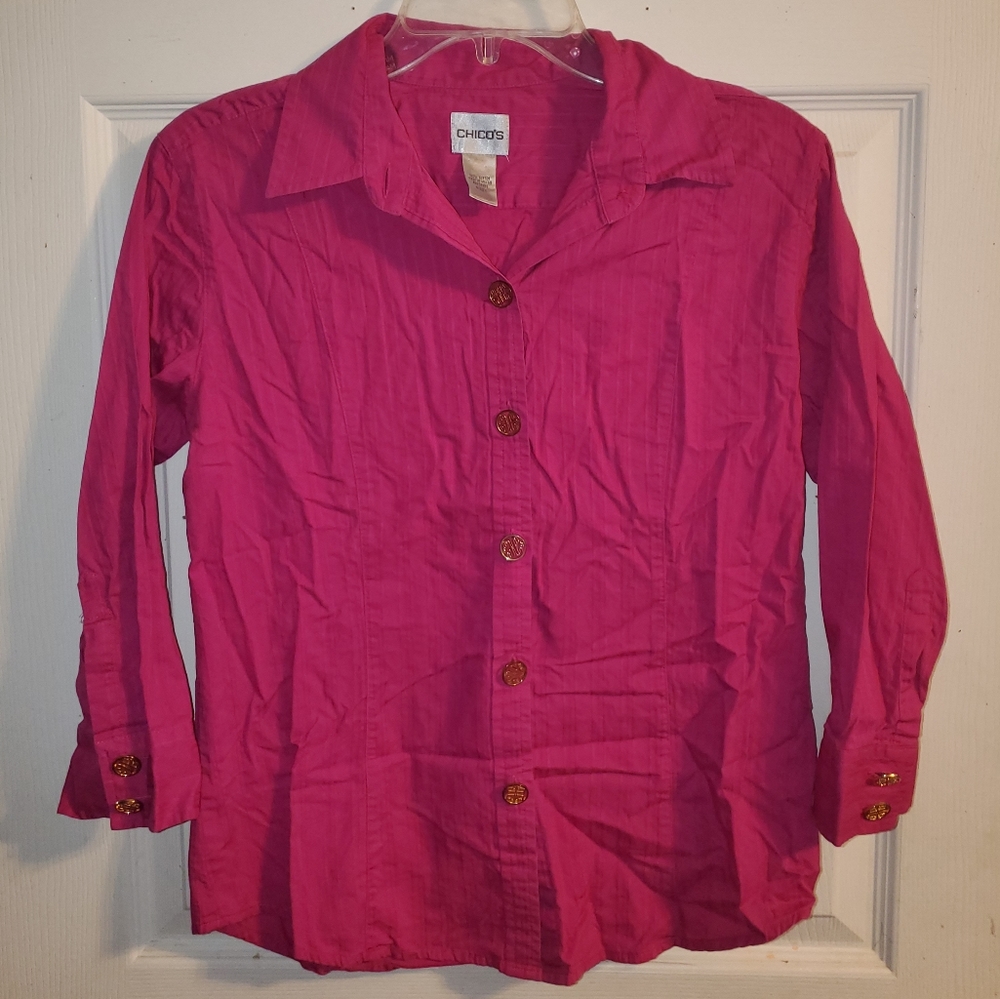 5 for $25 | Chico's Striped Textured Quarter Sleeve Button Up Blouse